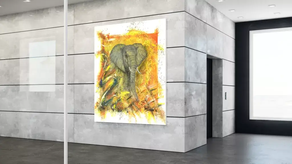 Wandbild mit einem Elefant auf einer Leinwand mit Acrylfarben gemalt von Petra Schneider. Eine professionelle Beschriftung für eine dekorative Raumgestaltung.