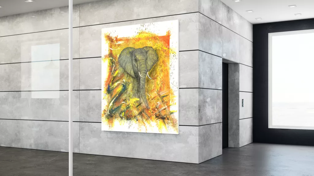 Wandbild mit einem Elefant auf einer Leinwand mit Acrylfarben gemalt von Petra Schneider.