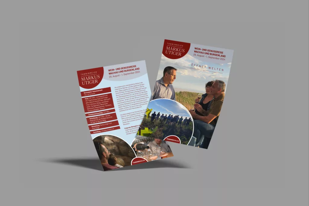 Visuelles Konzept für Weinreisen – moderne Gestaltung mit Weinfotografien von PePrint.