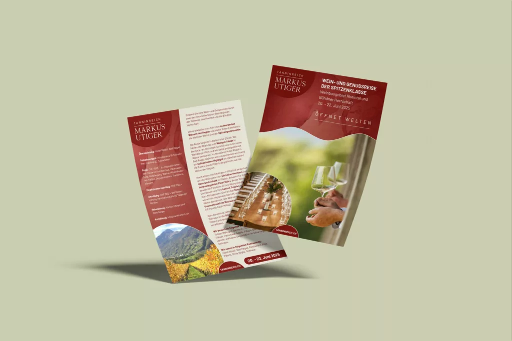 Broschüre zur Präsentation von Weinreisen – stilvolles Design mit stimmungsvollen Weinlandschaftsbildern.