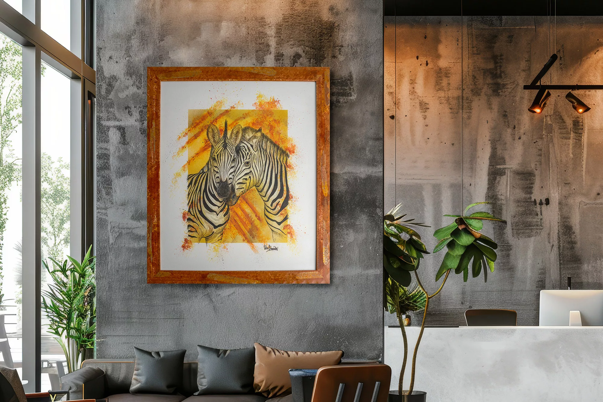 Modernes Zebra-Gemälde von Petra Schneider stilvoll im Raum inszeniert.